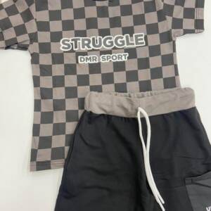 4182 Σετ βερμούδα με κοντομάνικο μπλουζάκι  ¨καρό¨" και βερμούδα με κορδόνι στη μέση