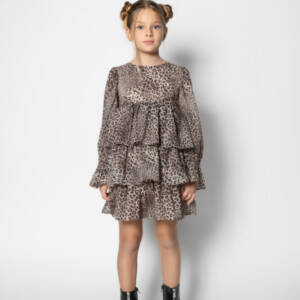 A11091 Φόρεμα από μουσελίνα με τύπωμα λεοπάρ ,βολάν ,μακρύ μανίκι και  άνοιγμα πίσω με φερμουάρ.