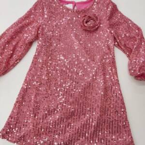 BB3456 Φόρεμα μακρυμάνικο, παγιέτα, με λουλούδι καρφίτσα στο λαιμό.