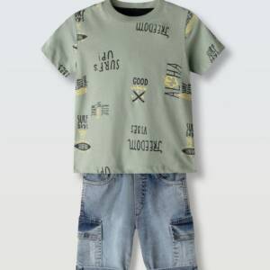 266805 Παιδικό σετ τζιν βερμούδα με στάμπα, hashtag