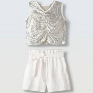 266059 Παιδικό σετ σόρτς με ζωνάκι, και crop  μπλουζάκι με στράς, ebita