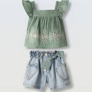 266218 Παιδικό σετ σόρτς τζιν αμάνικο μπλουζάκι με βολάν στον ώμο, ebita