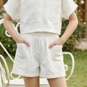 KG-JH8977-12 Παιδικό σετ σόρτς κιπούρ με crop πουκάμισο, ativo